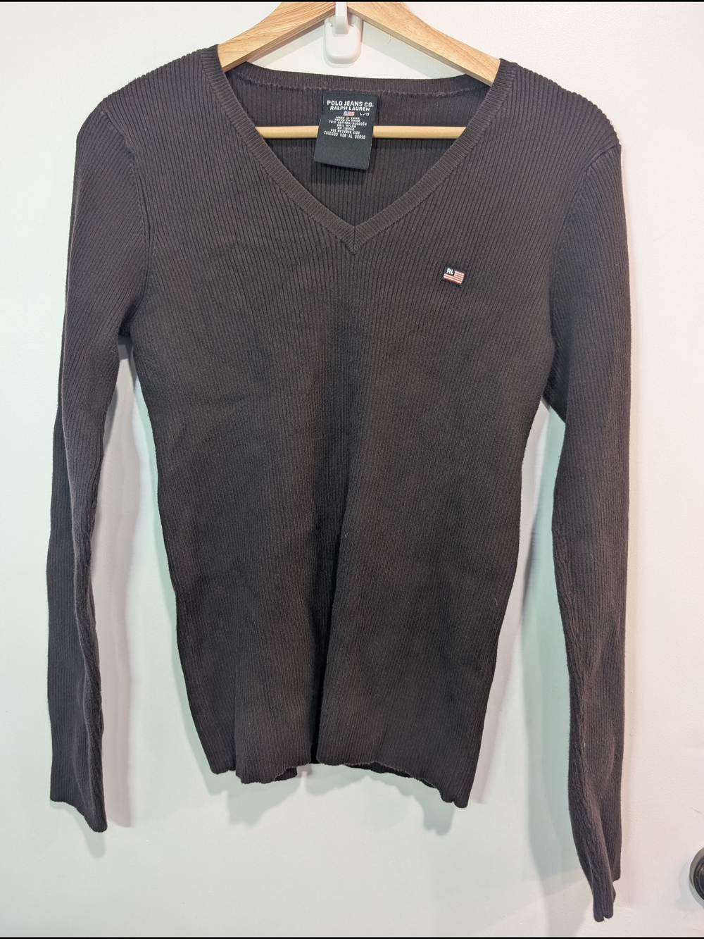 Polo Jeans Co. Ralph Lauren Ribbed V‑Neck Sweater Dark Brown Women's Size Large